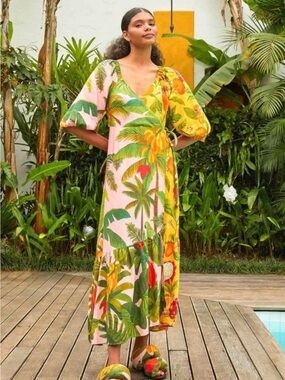 FARM Rio Pink & Yellow Tropical Print Maxi Dress